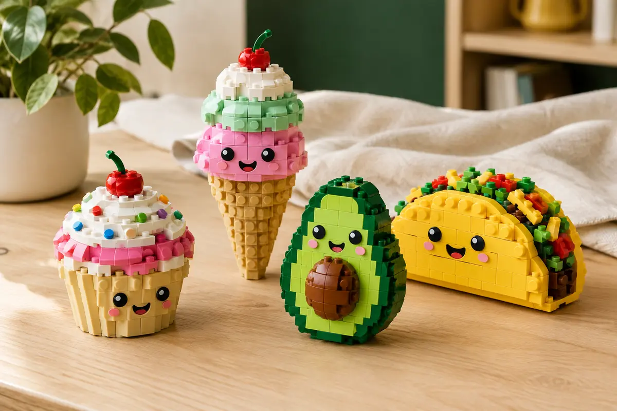 Briques multicolores assemblées en cupcake, glace, avocat et taco sur une table en bois clair.