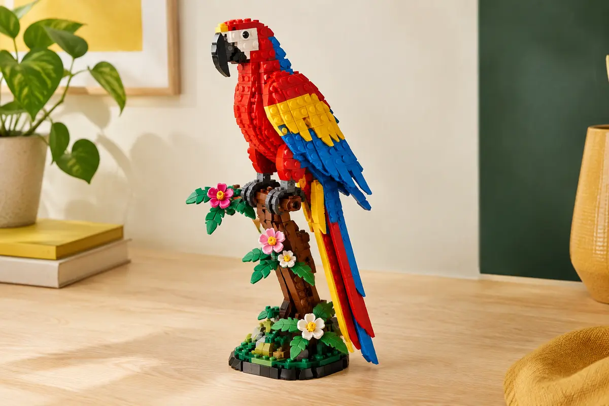 Perroquet LEGO coloré articulé posé sur une branche fleurie, construit avec des briques multicolores.