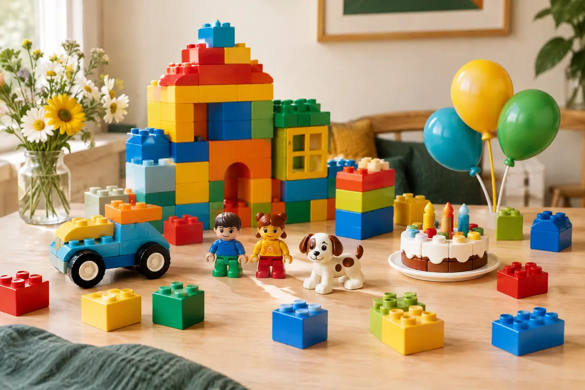 Briques de construction colorées avec voiture, figurines et accessoires disposés sur une table en bois clair