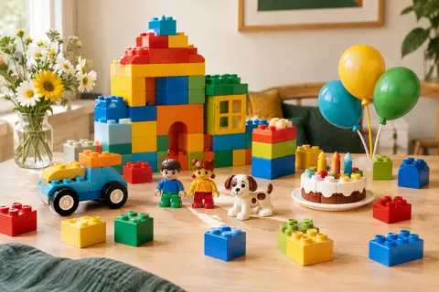 Briques de construction colorées avec voiture, figurines et accessoires disposés sur une table en bois clair