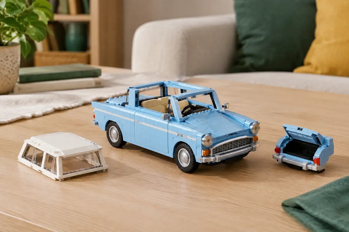 Ford Anglia volante LEGO en briques, avec toit amovible et coffre ouvrant, présentée sur une table en bois clair.