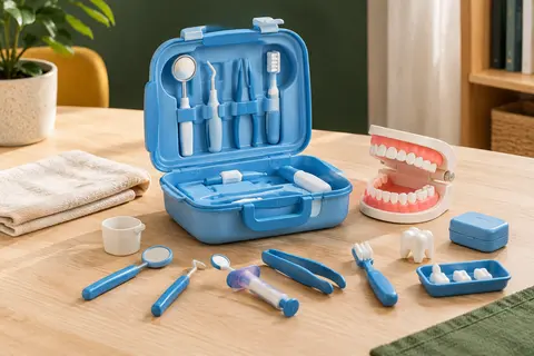 Mallette de dentiste bleue avec modèle de dents et accessoires de jeu sur une table en bois clair