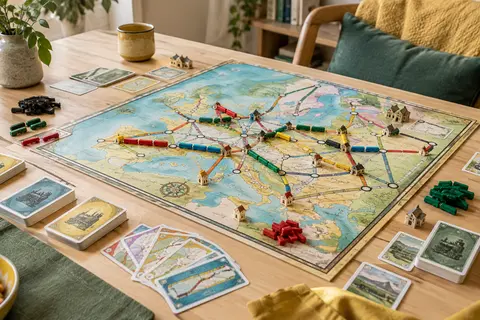 Plateau ferroviaire européen avec wagons colorés, cartes et gares disposés sur une table en bois clair.