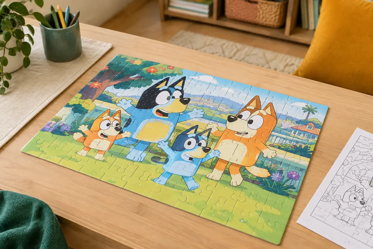 Puzzle Lisciani Bluey de 24 pièces assemblé, avec un aperçu de sa face en noir et blanc à colorier