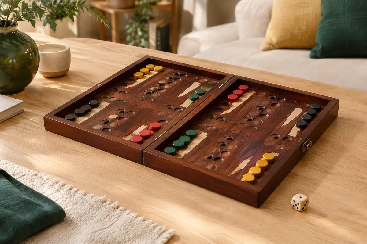Jeu de stratégie Blockade en bois foncé avec plateau pliable, pièces colorées et dé sur une table claire.