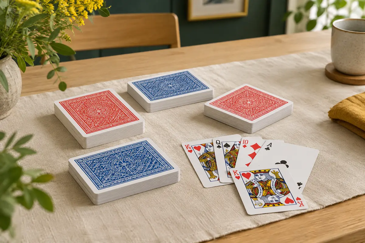 Jeux de cartes aux dos rouges et bleus disposés sur une table en bois clair