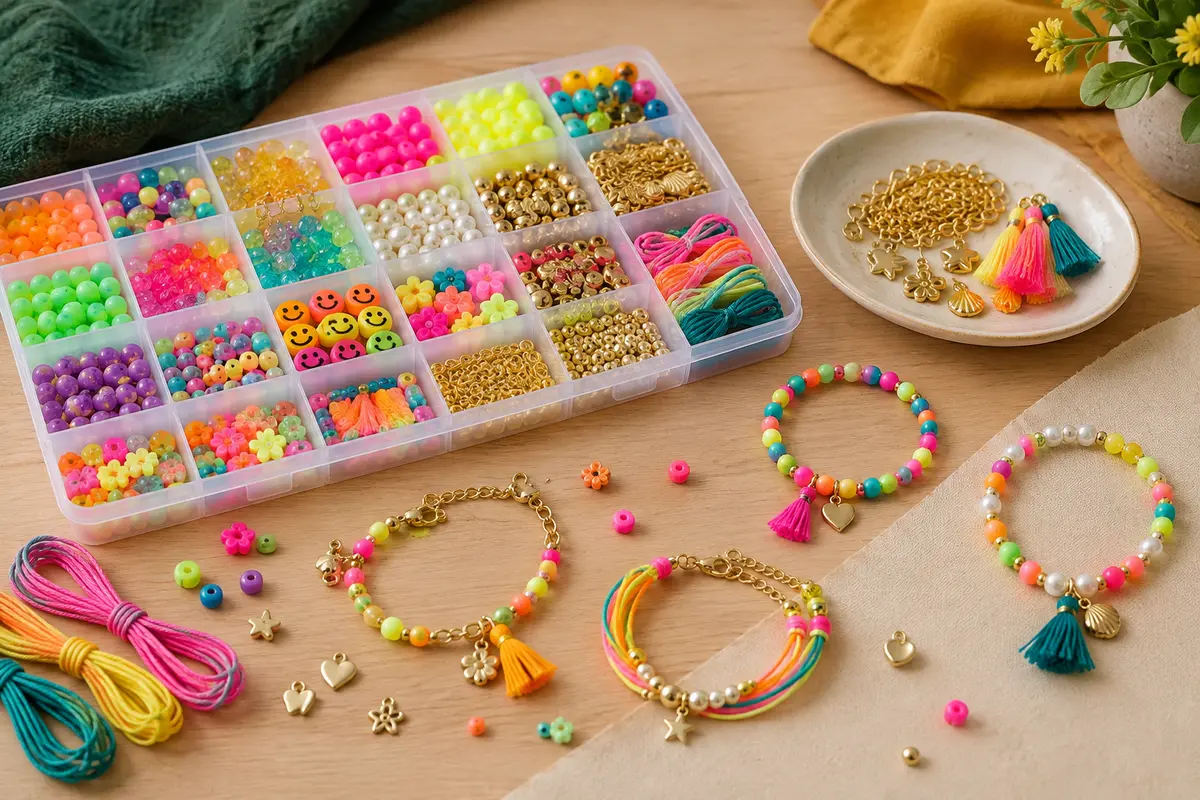Perles fluo, chaînes dorées et breloques du kit de bracelets Make It Real disposées sur une table claire.