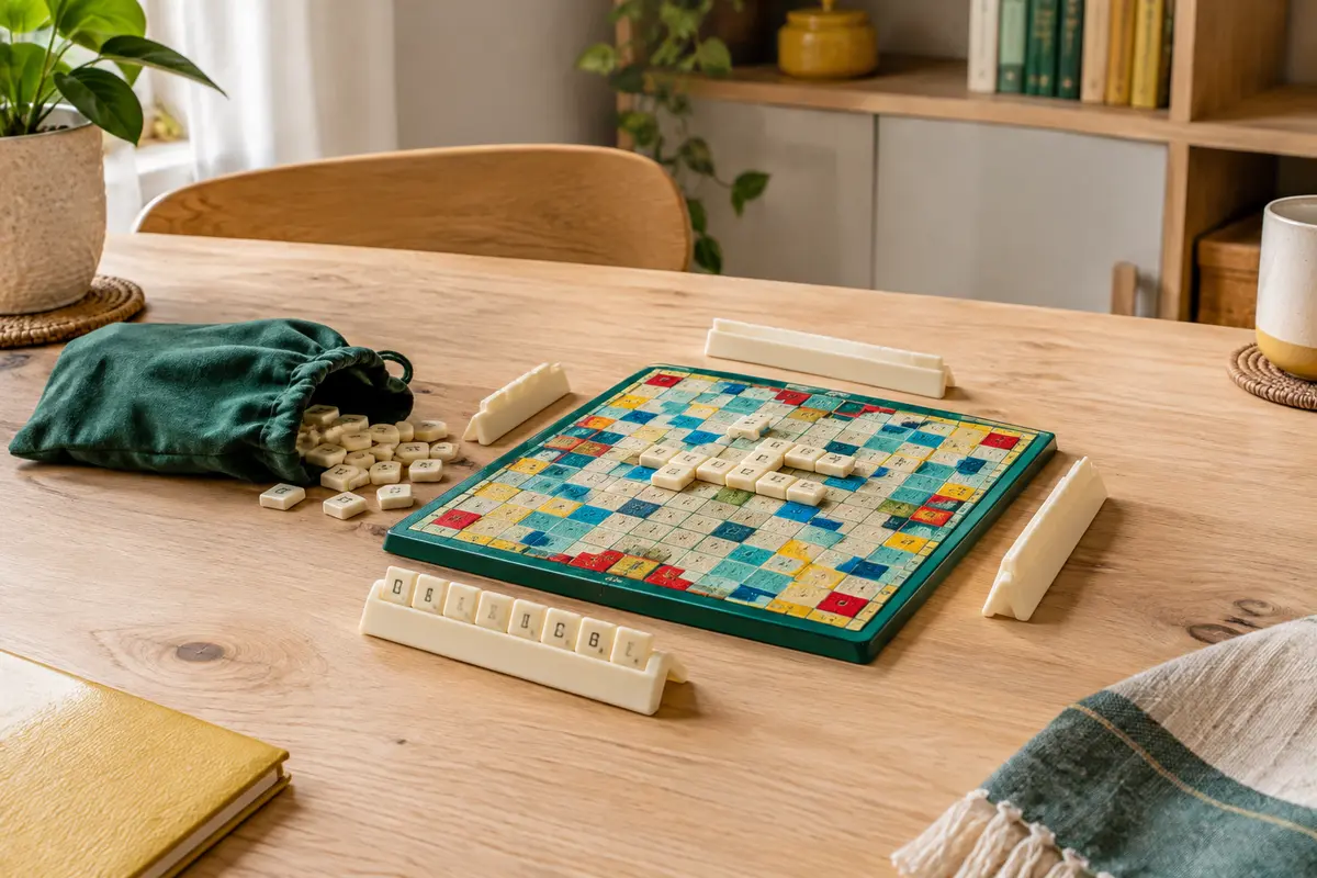 Jeu de Scrabble Voyage compact ouvert sur une table en bois clair avec plateau, chevalets et lettres multicolores.