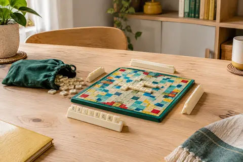 Jeu de Scrabble Voyage compact ouvert sur une table en bois clair avec plateau, chevalets et lettres multicolores.