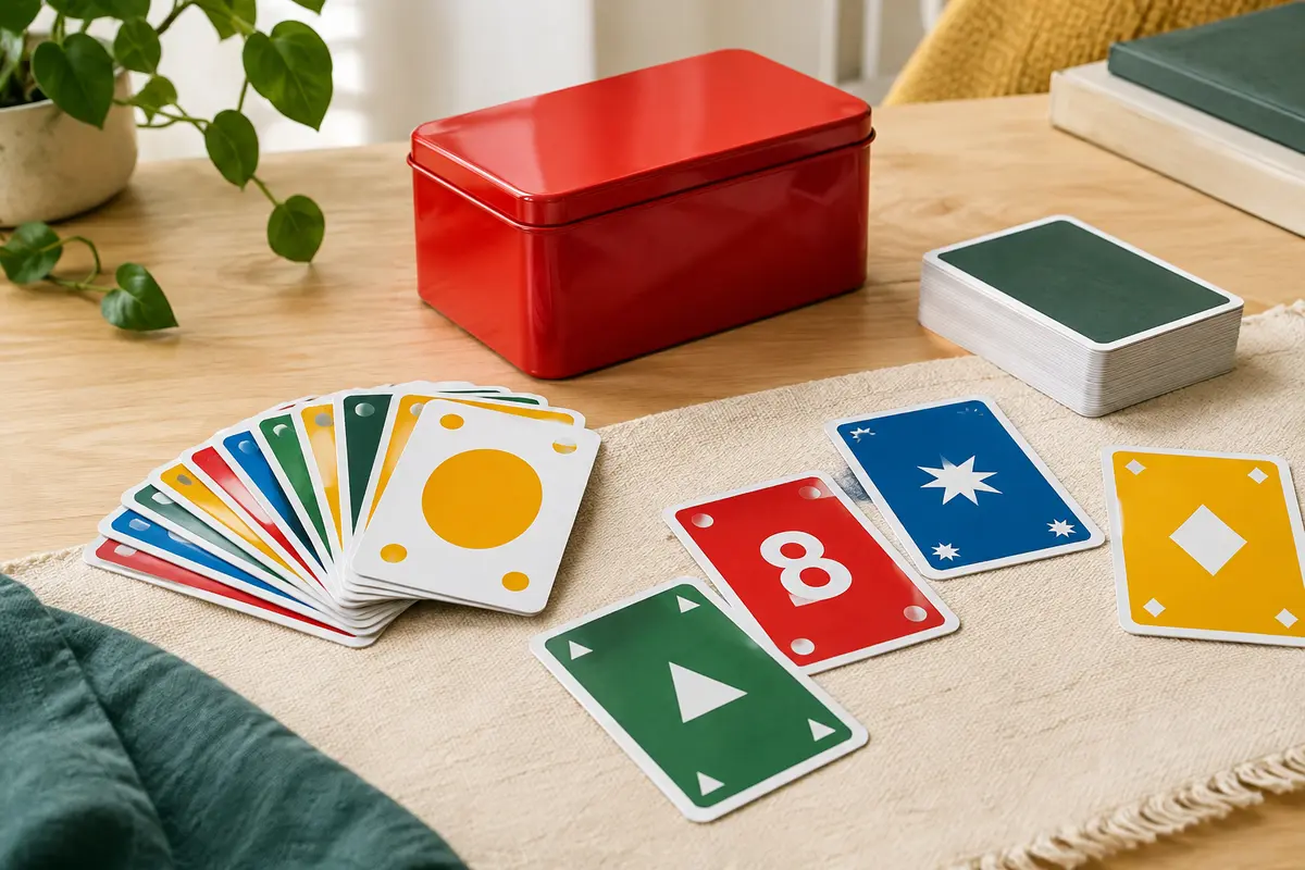 Cartes UNO colorées et boîte de rangement en métal rouge posées sur une table en bois clair.
