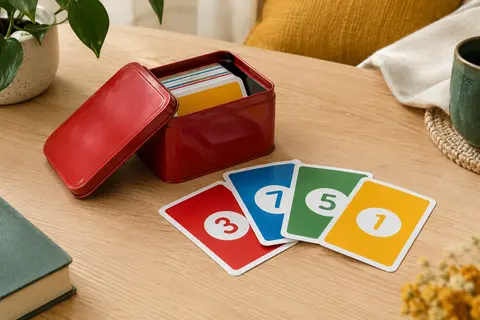 Boîte métallique rouge ouverte et cartes de jeu colorées disposées sur une table en bois clair.