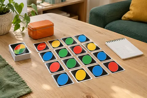 Boîte métallique orange, cartes colorées en grille et carnet de scores du jeu UNO Zero sur une table en bois clair.