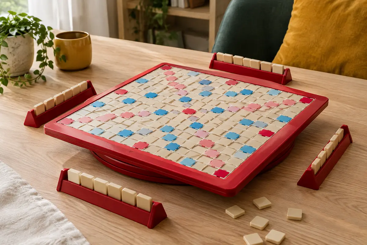 Plateau de Scrabble géant rouge avec lettres agrandies et chevalets sur une table en bois clair