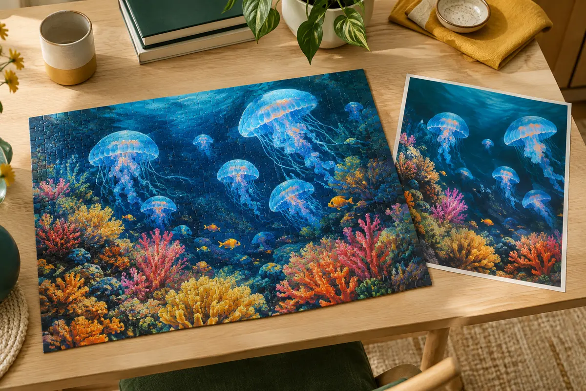 Puzzle MOJIGE assemblé montrant des méduses bleues au-dessus de récifs coralliens colorés