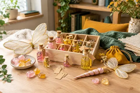 Kit de potions de fées avec flacons roses et jaunes, cristaux, ailes et accessoires sur une table claire.