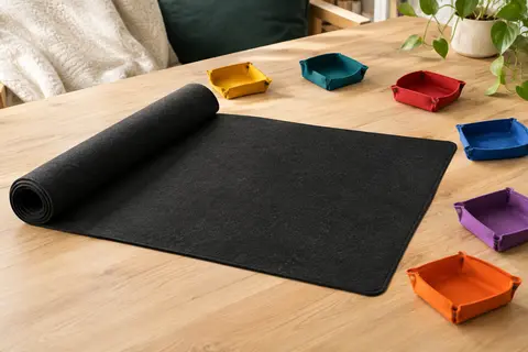 Tapis de puzzle MOZOOSON en feutre noir accompagné de six trieurs colorés sur une table en bois clair.