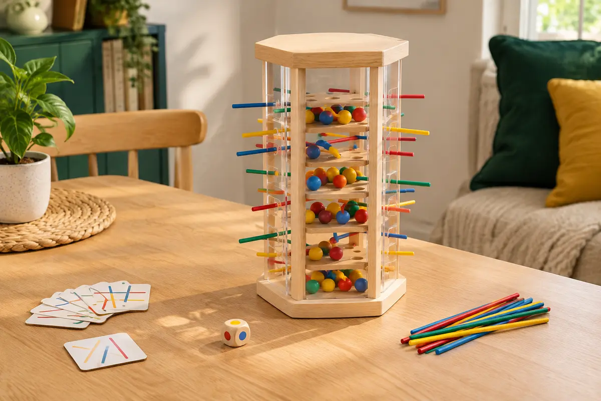 Jeu d’adresse Nene Toys BALLFALL Grand avec tour hexagonale transparente et bâtonnets colorés sur une table.
