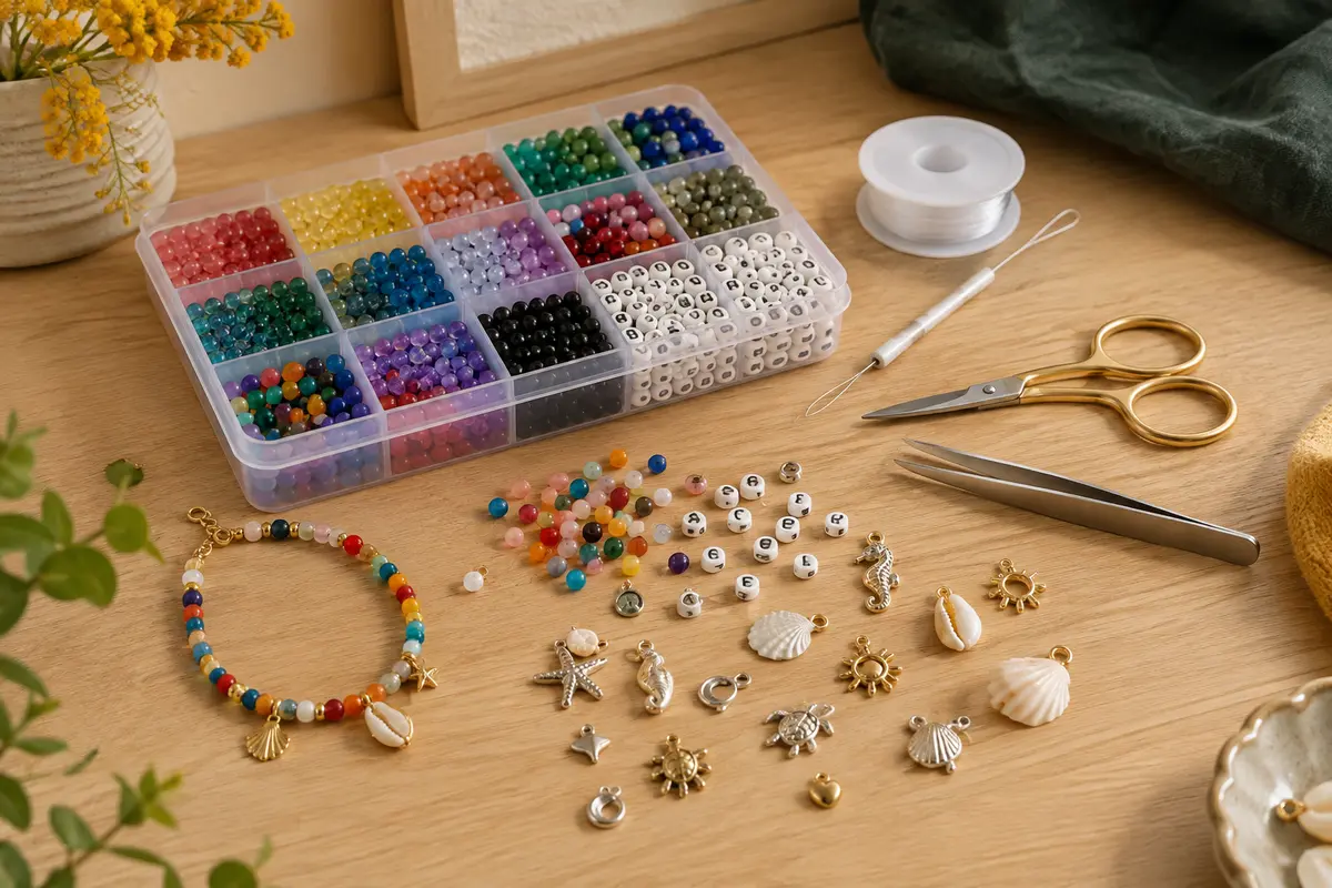 Perles en verre colorées de 4 mm, lettres, cordon et pendentifs disposés sur une table claire.