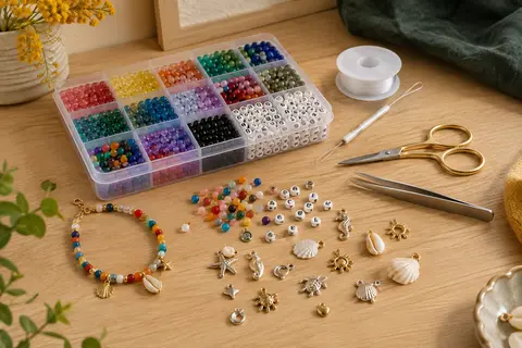Perles en verre colorées de 4 mm, lettres, cordon et pendentifs disposés sur une table claire.