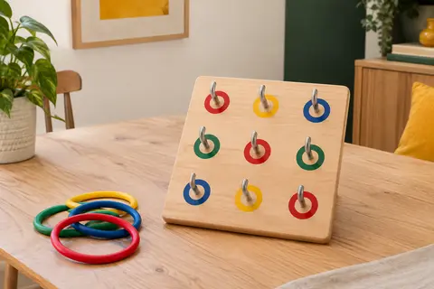 Cible carrée en bois avec crochets et anneaux en caoutchouc posée sur une table claire