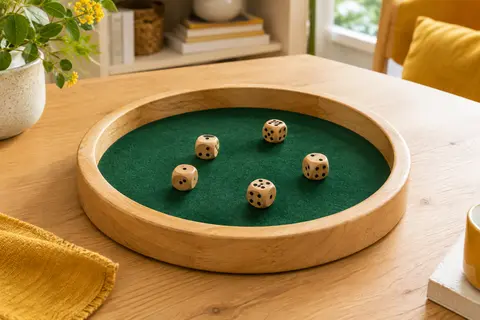 Piste à dés ronde en bois naturel, doublée de feutre vert, avec cinq dés en bois posés au centre.