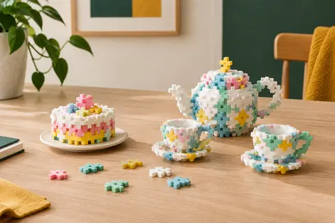 Pièces de construction Plus-Plus pastel assemblées en gâteau et service à thé sur une table en bois clair.