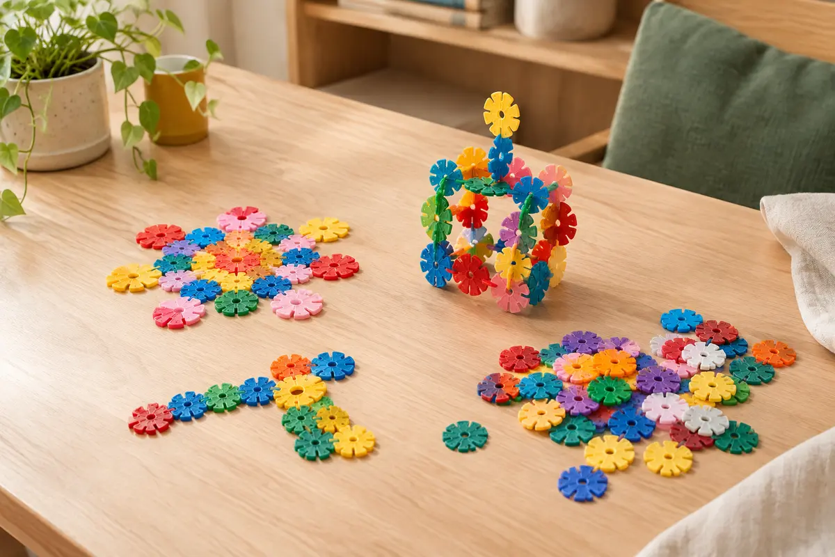Pièces Plus-Plus multicolores assemblées en formes à plat et en volume sur une table en bois clair.