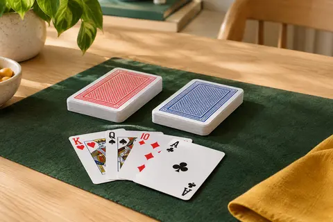 Deux jeux de cartes de poker en plastique, aux dos rouge et bleu, disposés sur une table en bois clair.
