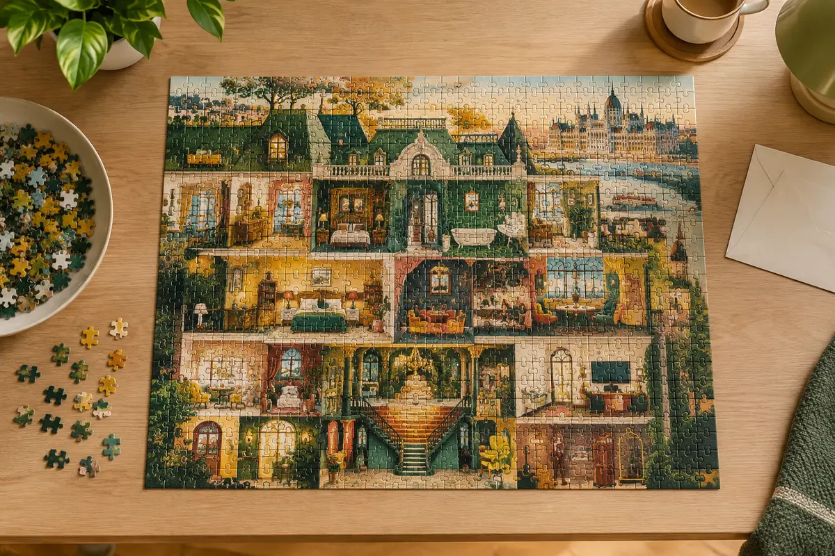 Puzzle de 1 000 pièces illustrant un hôtel mystérieux, posé sur une table en bois clair