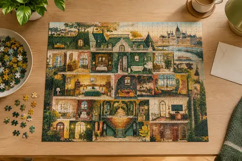 Puzzle de 1 000 pièces illustrant un hôtel mystérieux, posé sur une table en bois clair