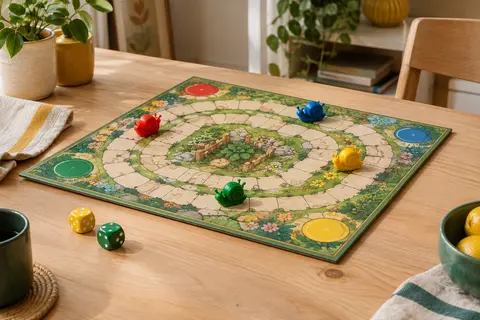 Plateau de course avec six escargots colorés et deux dés en bois posés sur une table claire