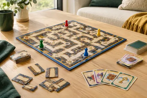 Plateau Labyrinthe avec ses couloirs mobiles, cartes trésor et pions colorés sur une table en bois clair.