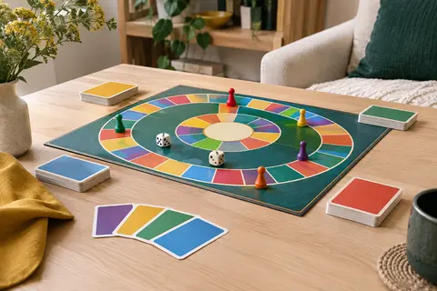 Plateau de quiz multicolore avec cartes, dé et pions disposés sur une table en bois clair