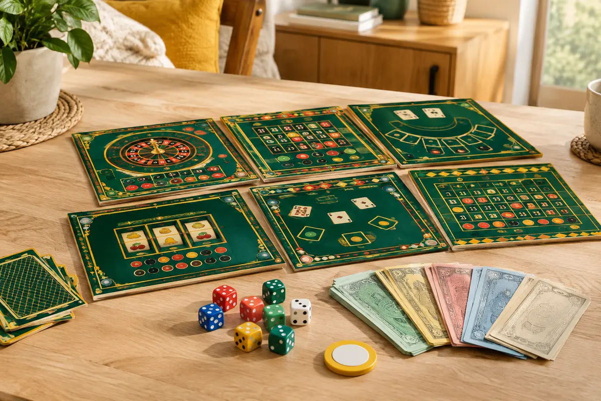 Jeu de dés Las Vegas avec plateaux de casino, dés colorés, billets et jeton sur une table en bois clair.