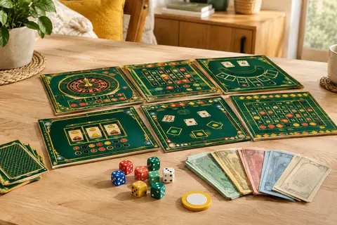 Jeu de dés Las Vegas avec plateaux de casino, dés colorés, billets et jeton sur une table en bois clair.
