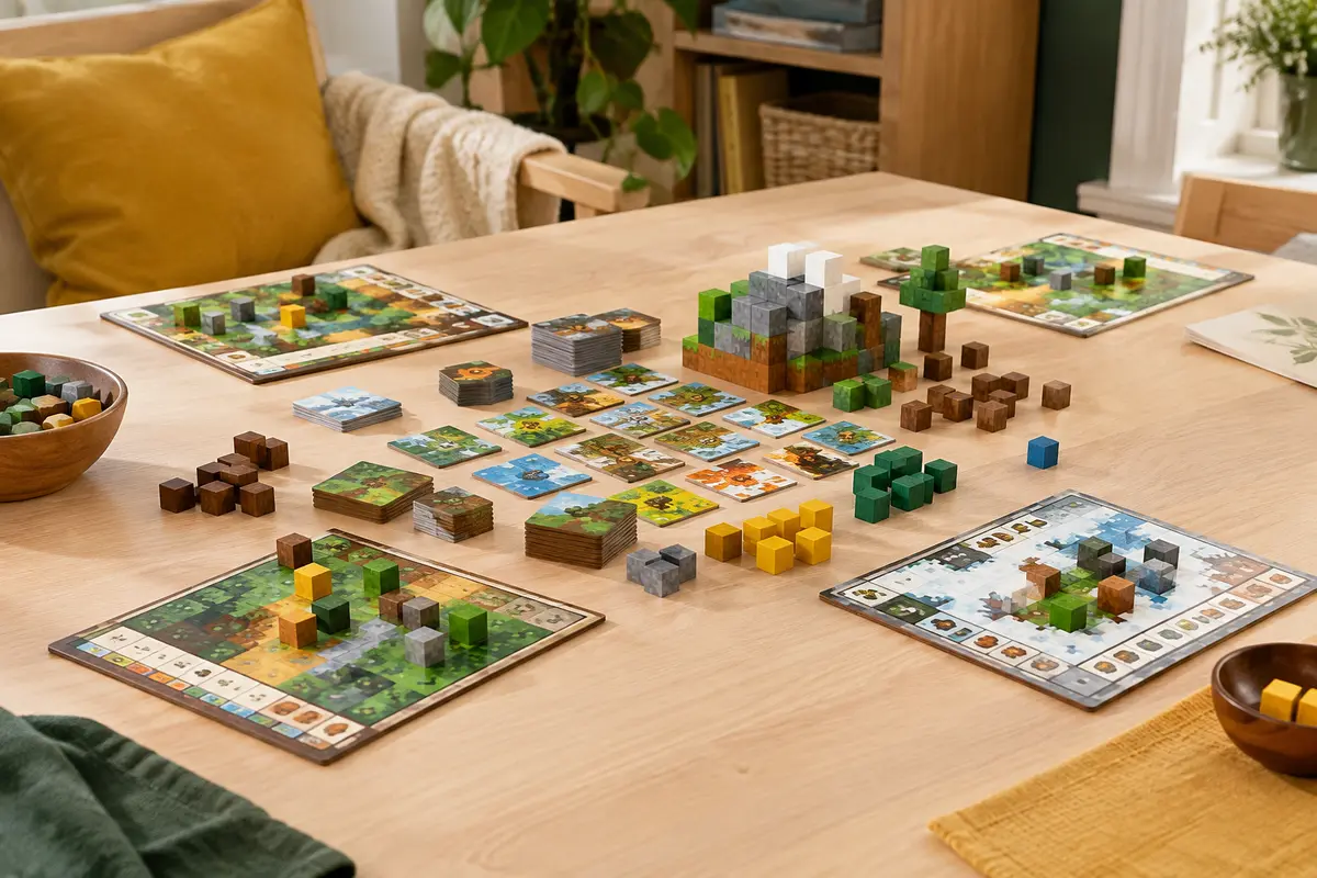 Blocs en bois, tuiles colorées et plateaux du jeu de stratégie Minecraft sur une table claire