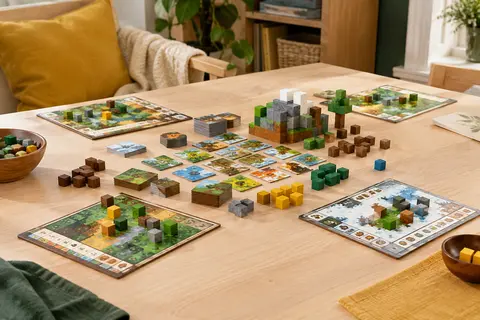 Blocs en bois, tuiles colorées et plateaux du jeu de stratégie Minecraft sur une table claire
