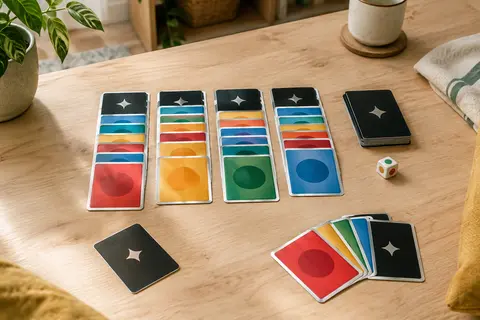 Cartes colorées, cartes noires et dé du jeu Push disposés en colonnes sur une table en bois clair.