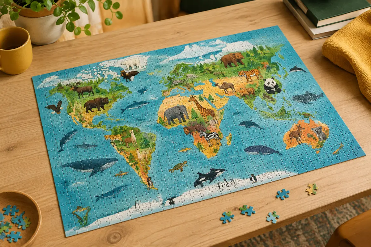 Puzzle rectangulaire de 300 pièces représentant une carte du monde peuplée d’animaux colorés.