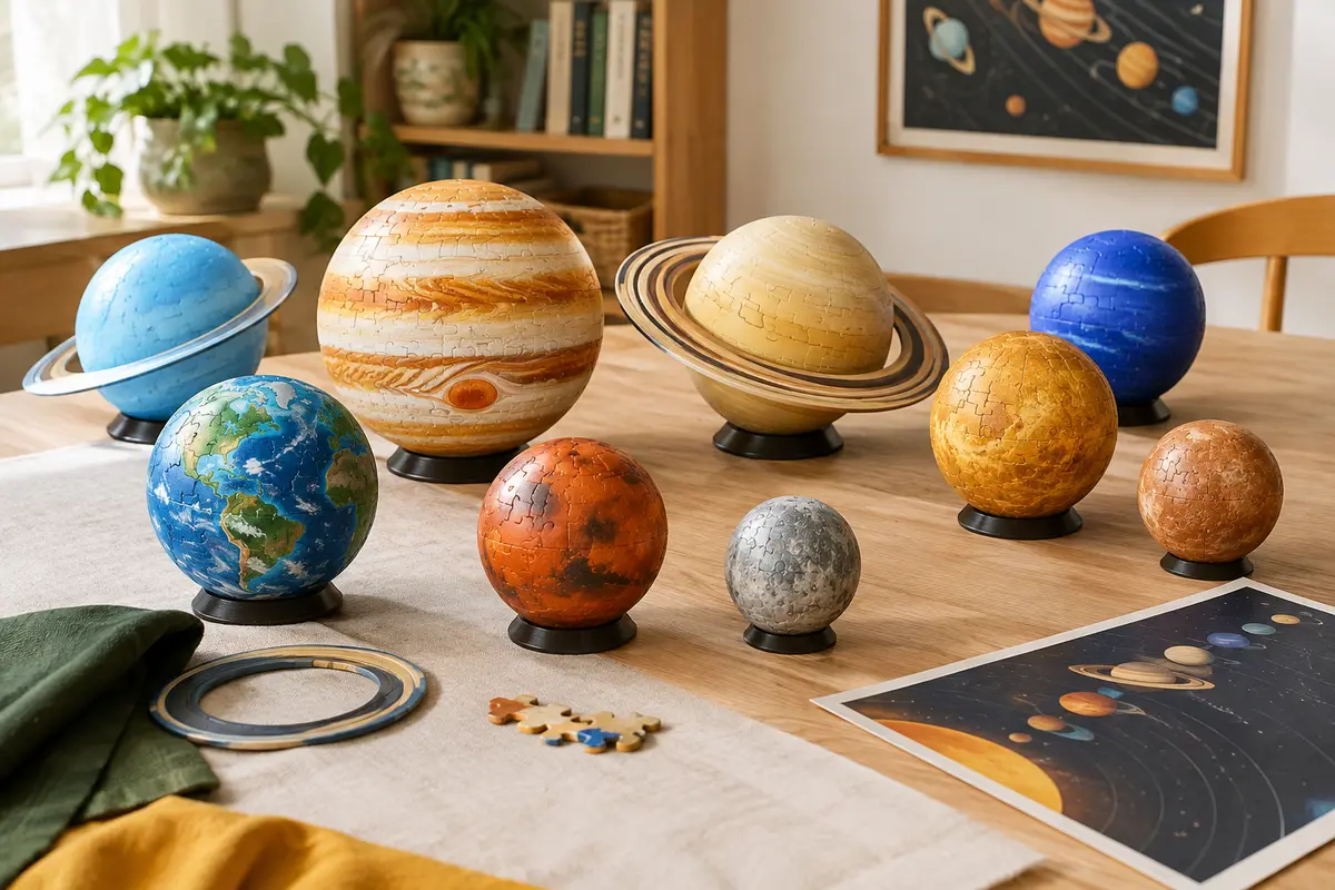 Huit planètes colorées en puzzle 3D présentées avec leurs accessoires sur une table en bois clair
