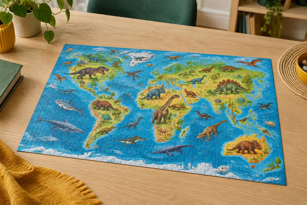 Puzzle Ravensburger de 100 pièces XXL terminé, illustrant une carte du monde et des dinosaures colorés.