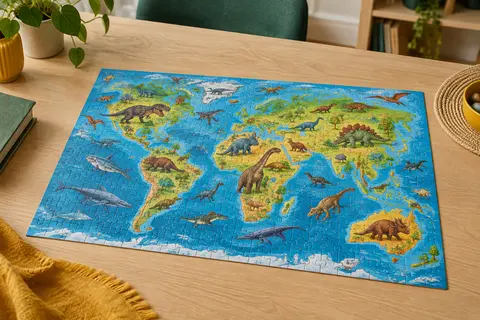 Puzzle Ravensburger de 100 pièces XXL terminé, illustrant une carte du monde et des dinosaures colorés.