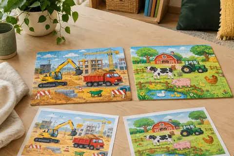 Deux puzzles en carton assemblés, l’un sur le thème du chantier et l’autre de la ferme, avec leurs posters.