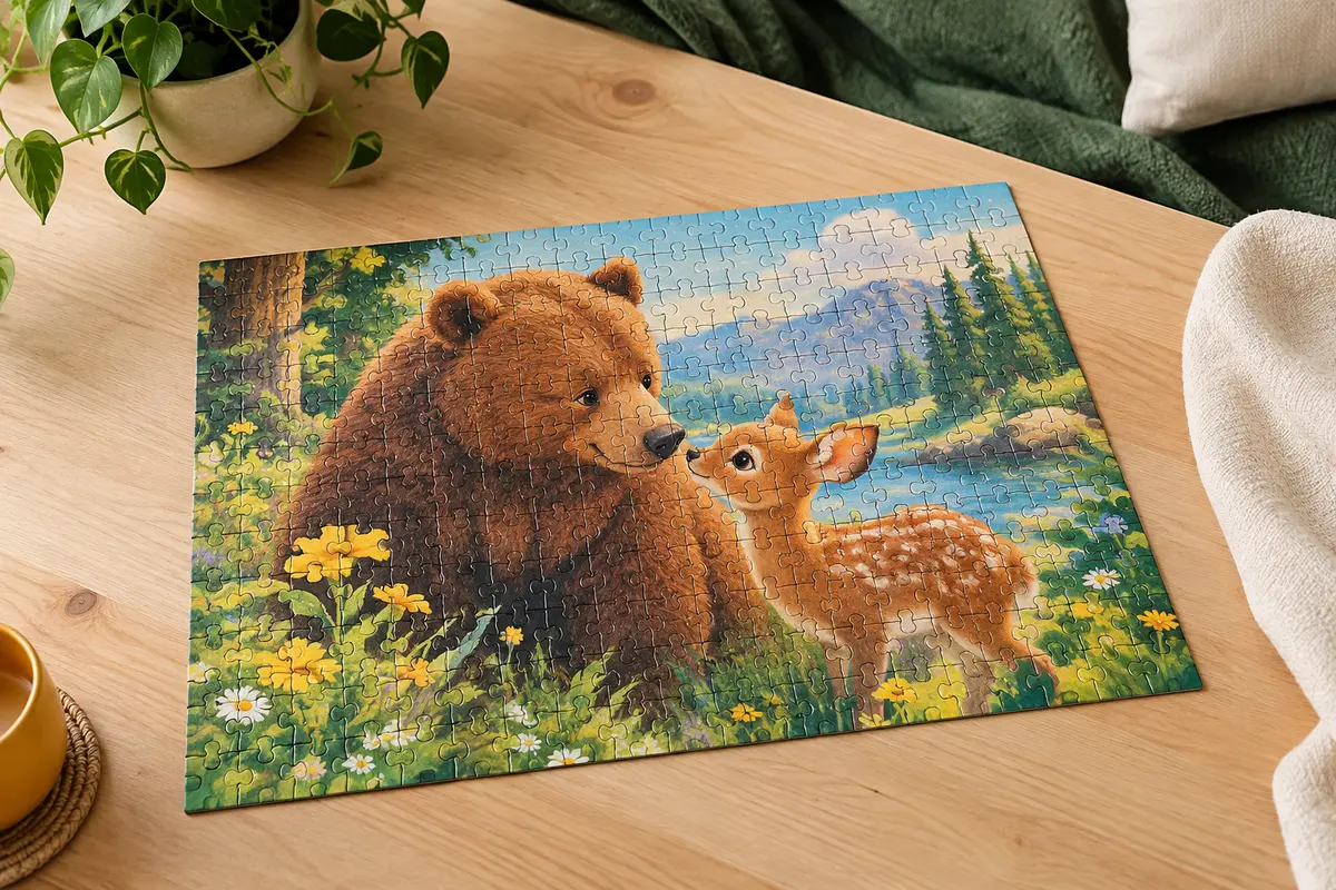 Puzzle Disney de 100 pièces XXL assemblé, illustré d’animaux colorés sur une table en bois clair.