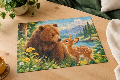 Puzzle Disney de 100 pièces XXL assemblé, illustré d’animaux colorés sur une table en bois clair.