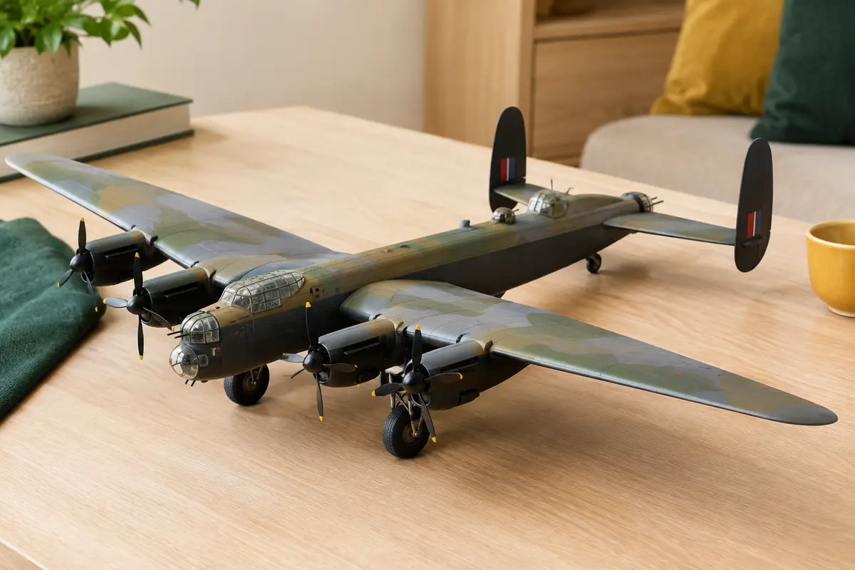 Maquette Revell Avro Lancaster assemblée, peinte en vert olive et gris sur une table en bois clair.