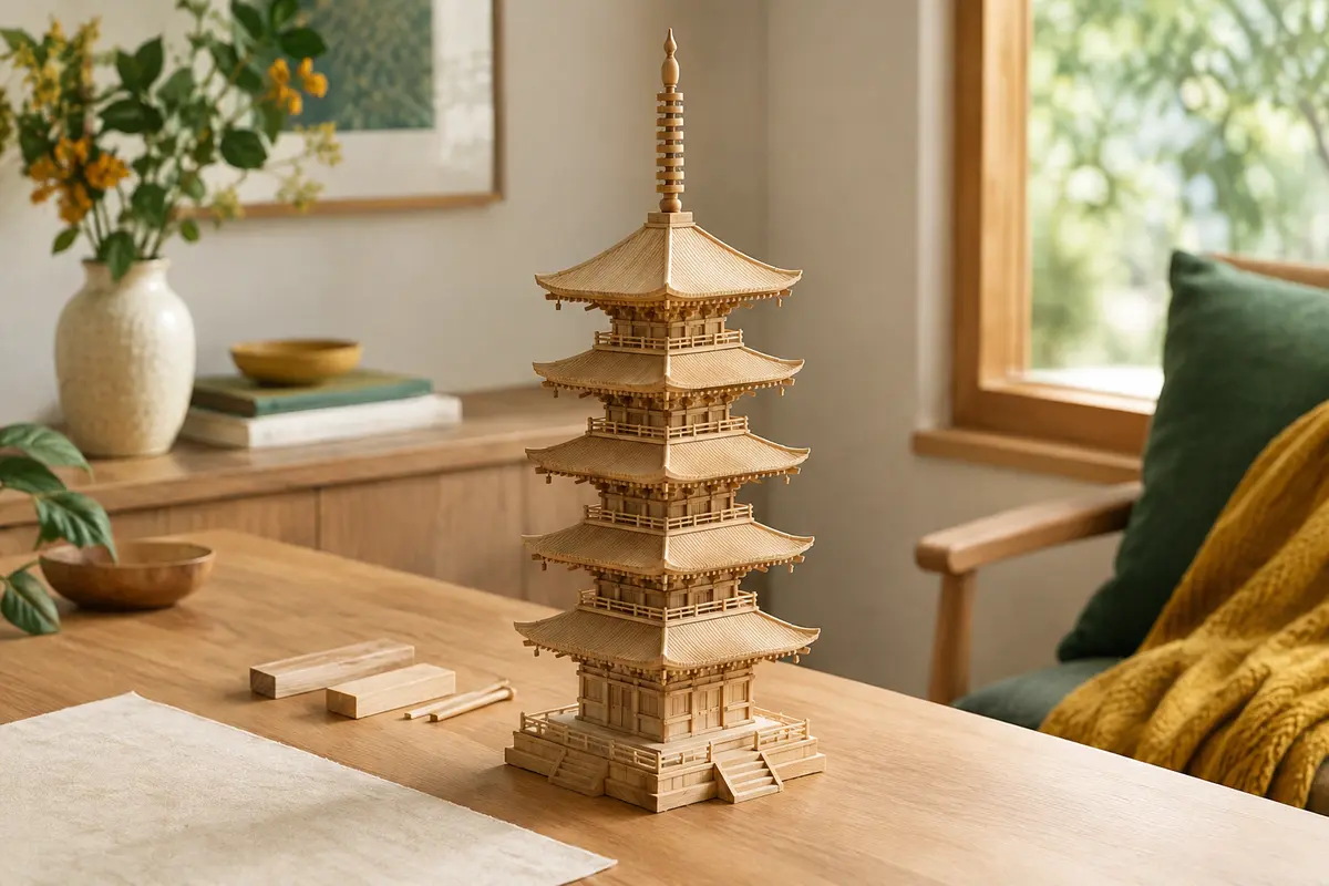 Maquette en bois naturel ROBOTIME représentant une pagode japonaise à cinq étages, assemblée et posée sur une table claire.