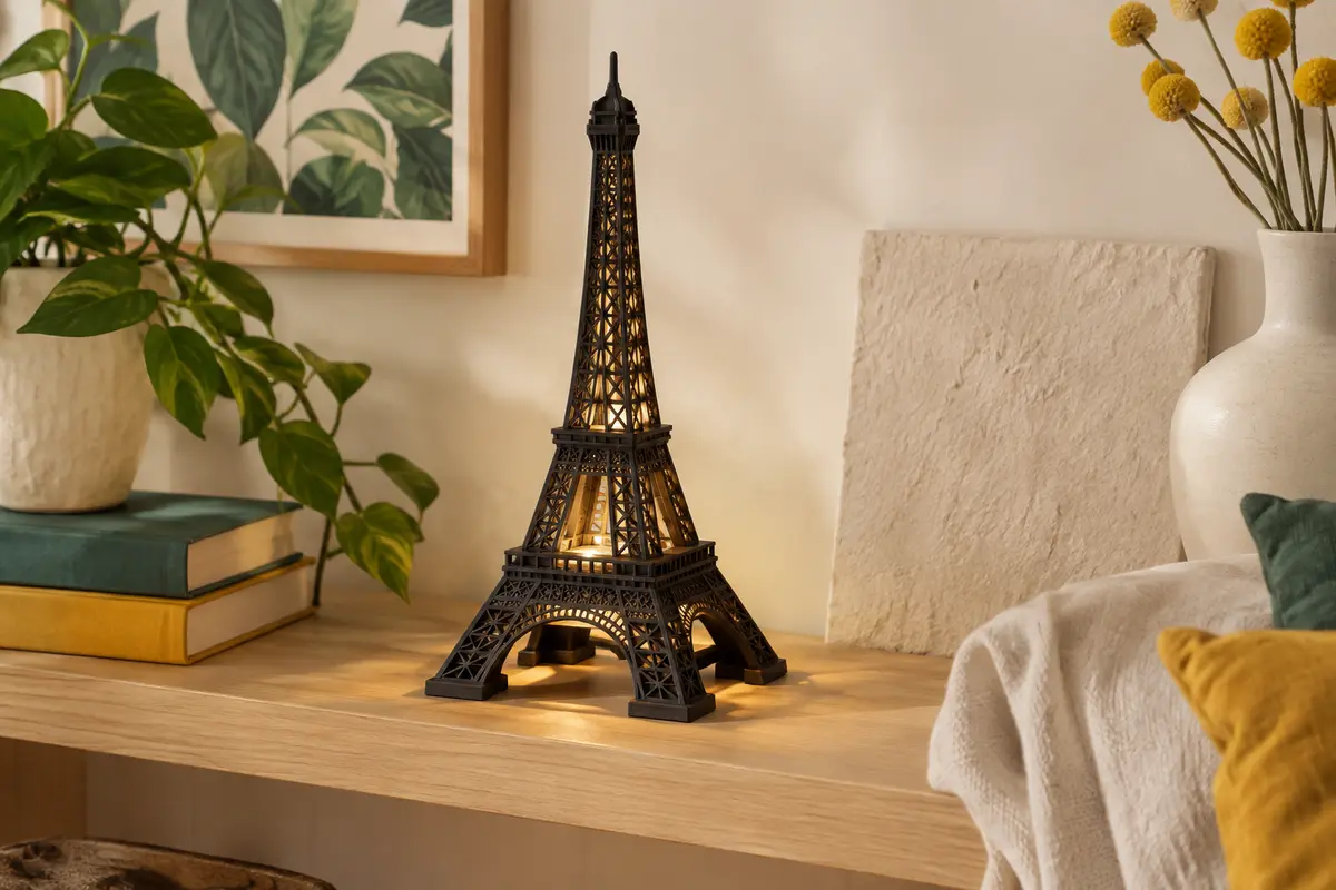 Maquette en bois noir de la Tour Eiffel assemblée, posée sur une étagère et éclairée par ses LED.