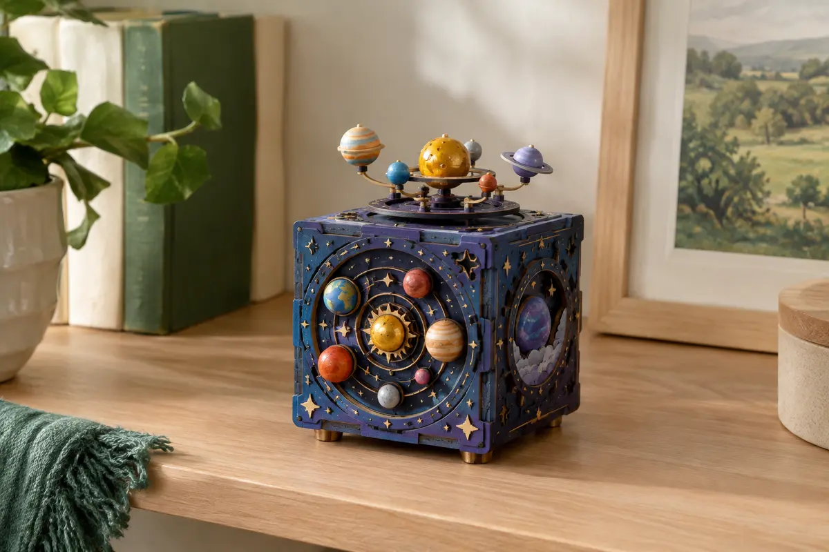 Puzzle 3D en bois Robotime aux couleurs nocturnes, avec planètes mobiles et mécanisme de boîte à musique