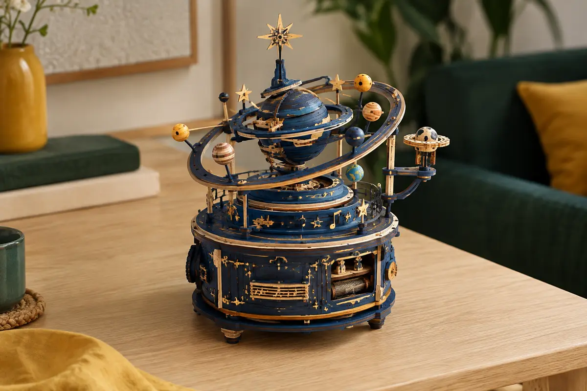 Puzzle 3D mécanique en contreplaqué bleu nuit, avec galaxie tournante et étoiles.
